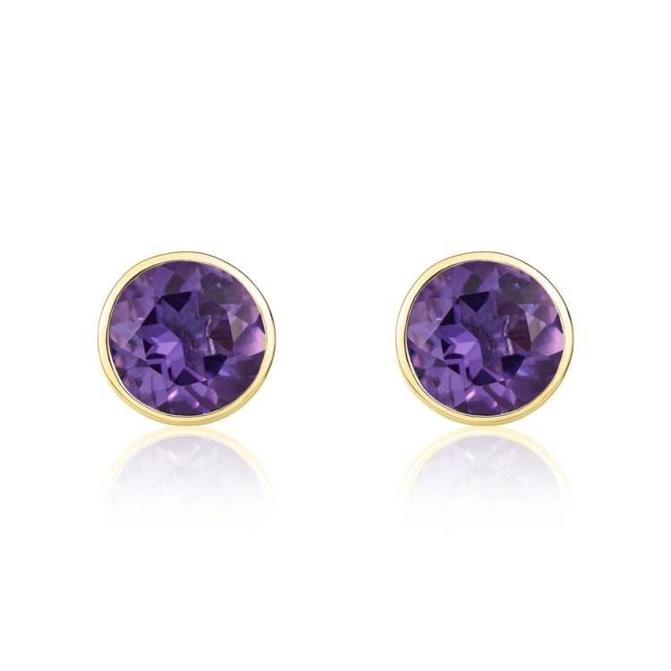 9ct Yellow Gold Amethyst 5mm Round Rub Over Set Stud Earrings - Gold