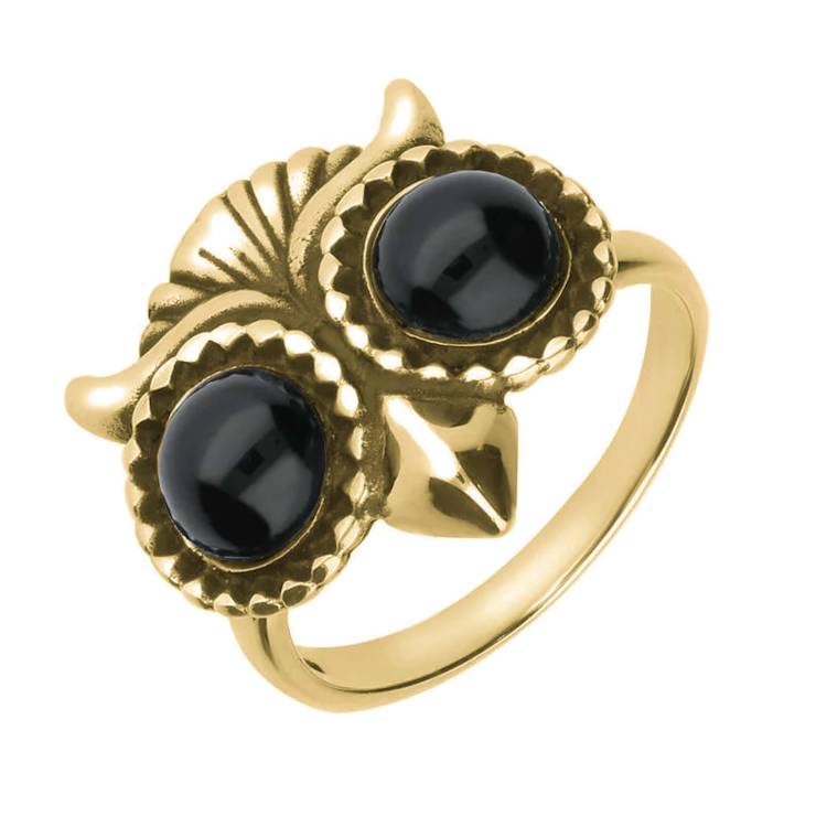 9ct Yellow Gold Whitby Jet Owl Eyes Ring - Gold