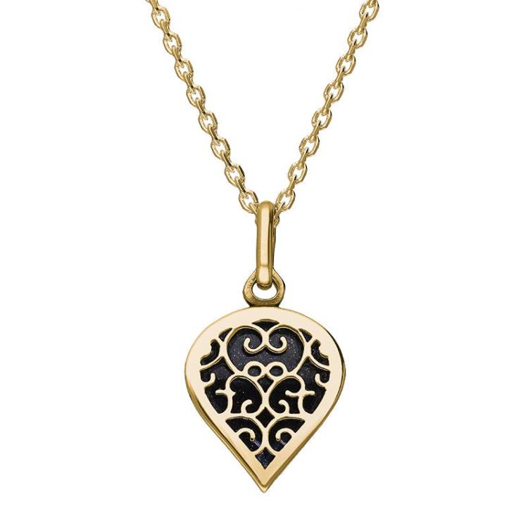 9ct Yellow Gold Blue Goldstone Flore Filigree Small Heart Necklace