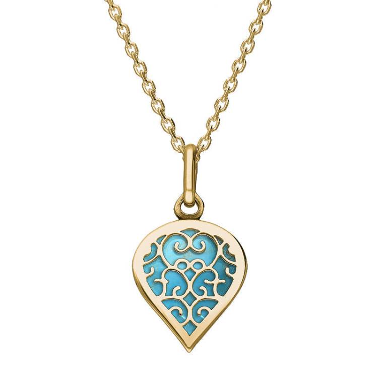 9ct Yellow Gold Turquoise Flore Filigree Small Heart Necklace