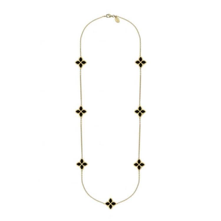 9ct Yellow Gold Whitby Jet Bloom Long Marquise Flower Necklace - Gold