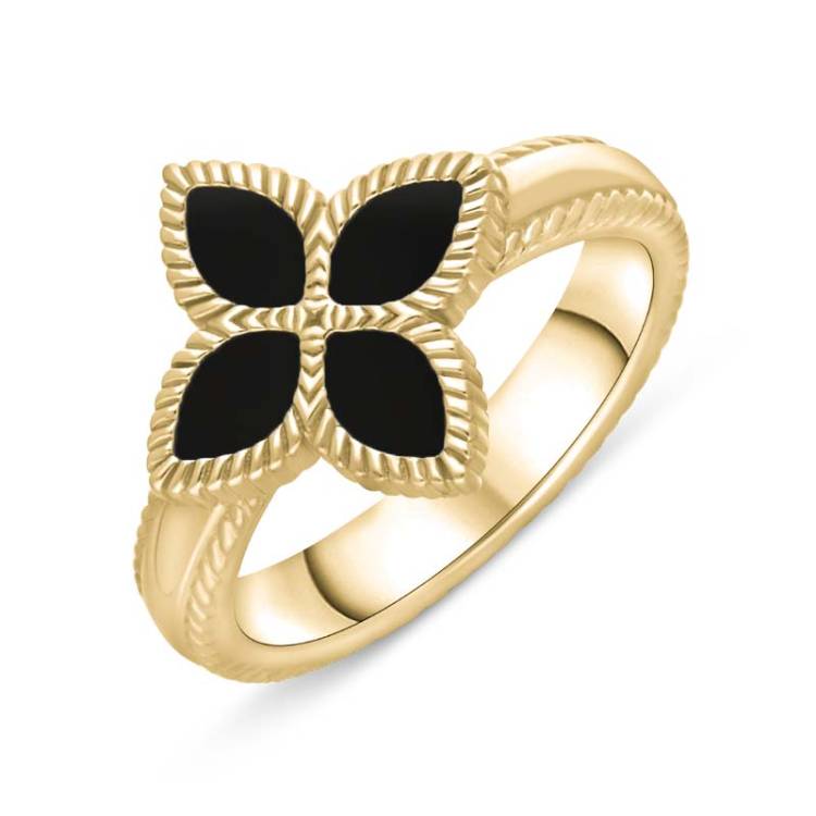 9ct Yellow Gold Whitby Jet Bloom Marquise Flower Ring - U