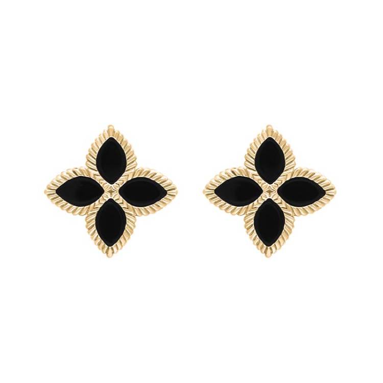 9ct Yellow Gold Whitby Jet Bloom Marquise Flower Stud Earrings - Gold