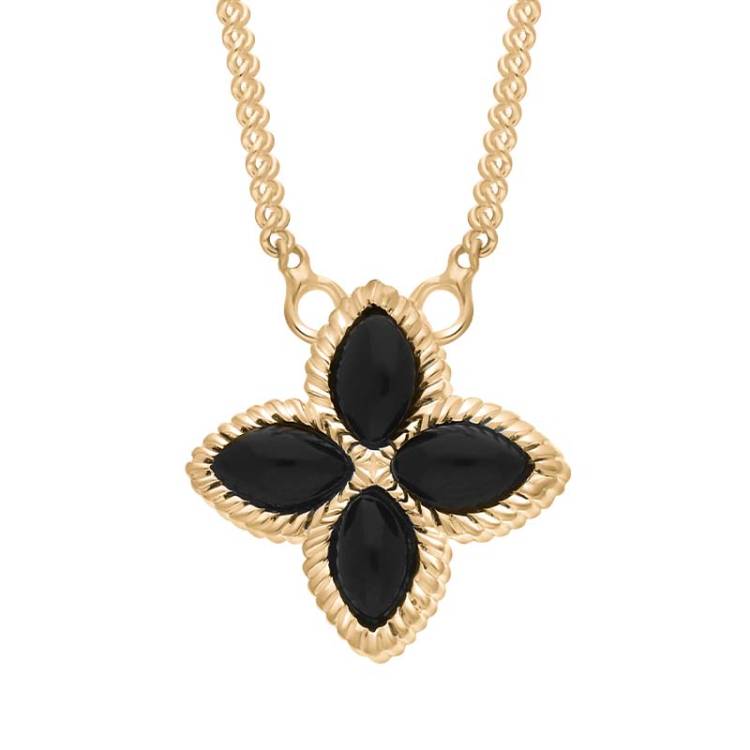 9ct Yellow Gold Whitby Jet Bloom Small Marquise Flower Necklace - Gold