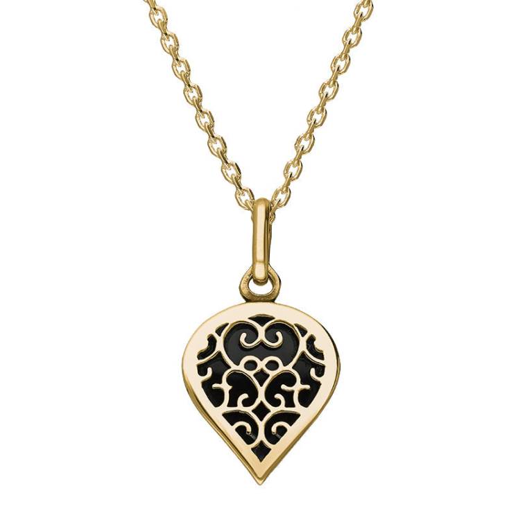 9ct Yellow Gold Whitby Jet Flore Filigree Small Heart Necklace