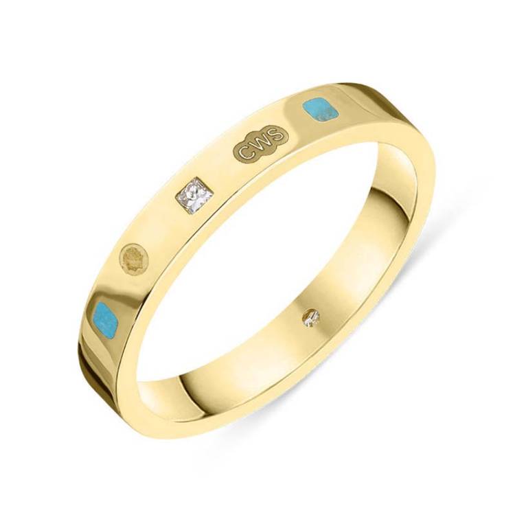 9ct Yellow Gold 0.05ct Diamond Turquoise King's Coronation Hallmark Princess Cut 3mm Ring - R