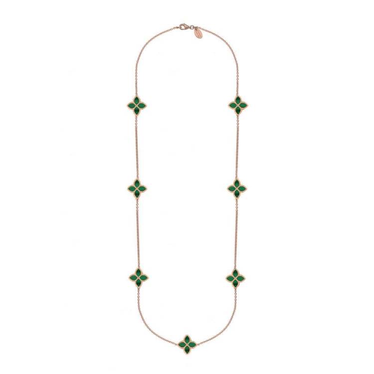 9ct Rose Gold Malachite Bloom Long Marquise Flower Necklace - Gold