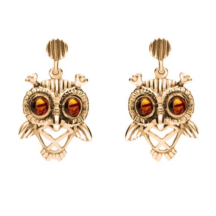 9ct Rose Gold Amber Orange Owl Stud Earrings