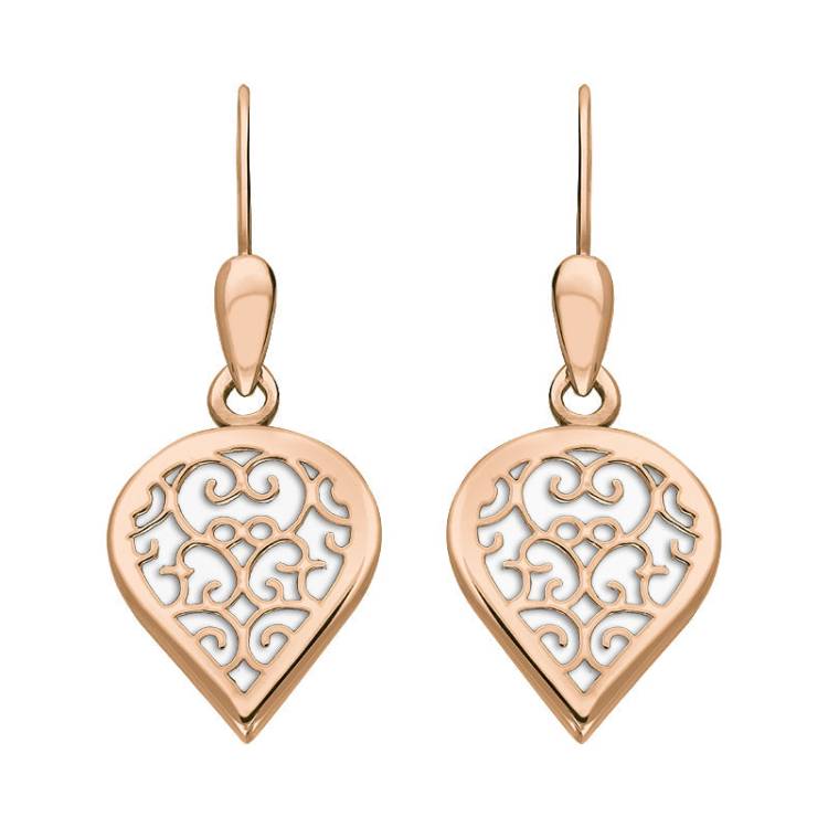 9ct Rose Gold Bauxite Flore Filigree Heart Drop Earrings
