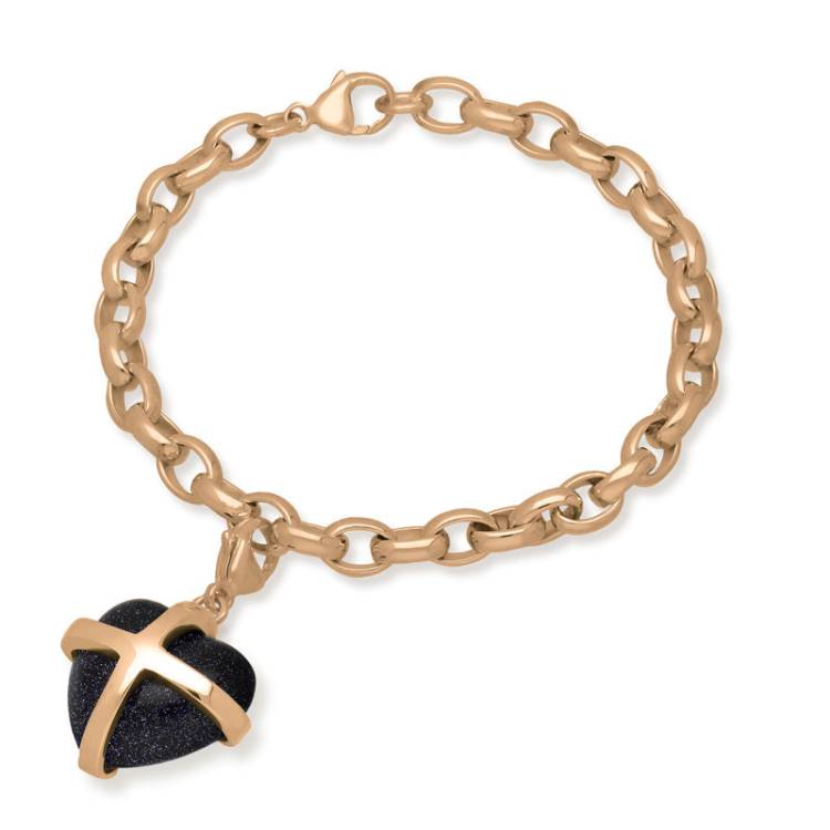 9ct Rose Gold Blue Goldstone Large Cross Heart Charm Bracelet - Option1 Value Gold