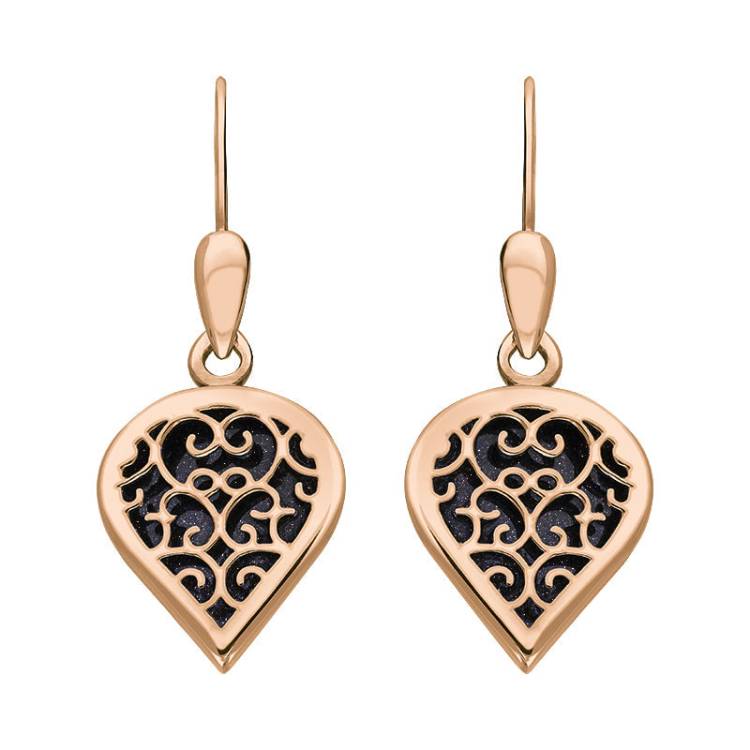 9ct Rose Gold Blue Goldstone Flore Filigree Heart Drop Earrings