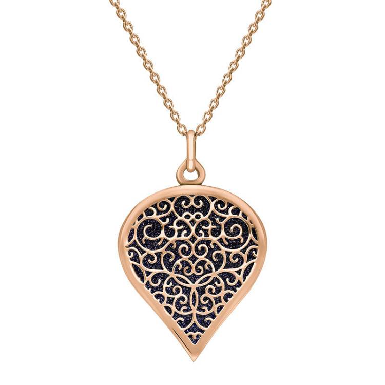 9ct Rose Gold Blue Goldstone Flore Filigree Large Heart Necklace