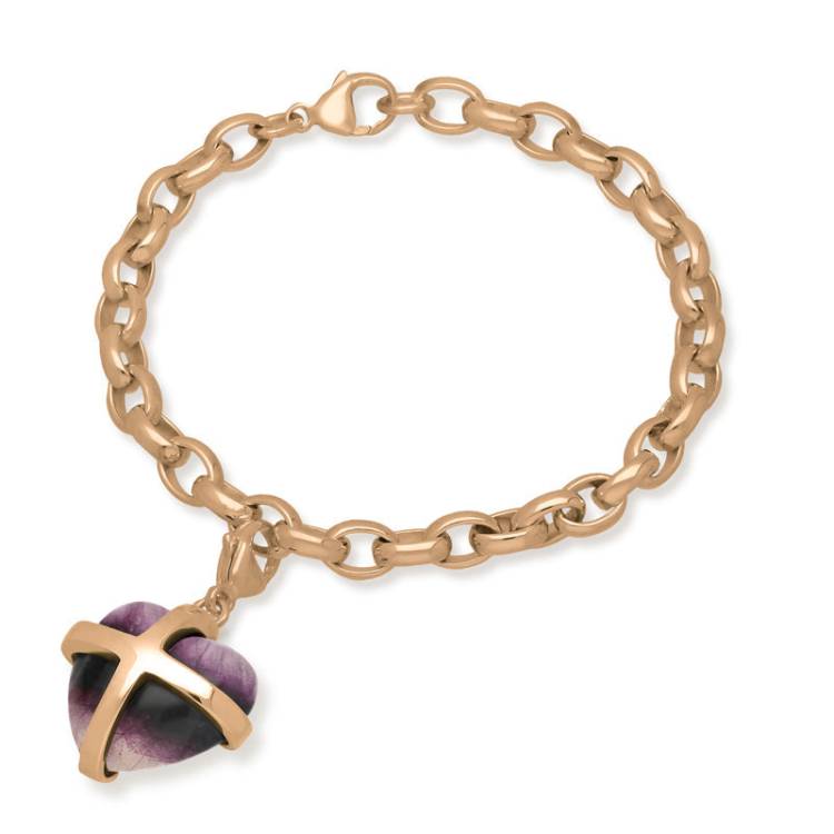 9ct Rose Gold Blue John Large Cross Heart Charm Bracelet - Option1 Value Gold