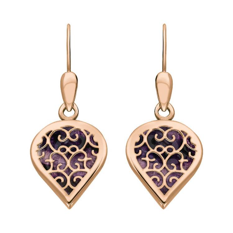 9ct Rose Gold Blue John Flore Filigree Heart Drop Earrings
