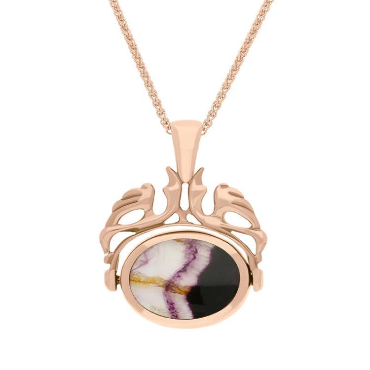 9ct Rose Gold Blue John Mother Of Pearl Double Sided Oval Swivel Fob Necklace - Rose Gold