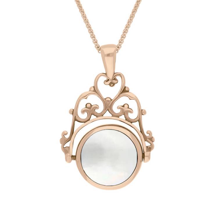 9ct Rose Gold Blue John Mother Of Pearl Double Sided Round Swivel Fob Necklace - Rose Gold