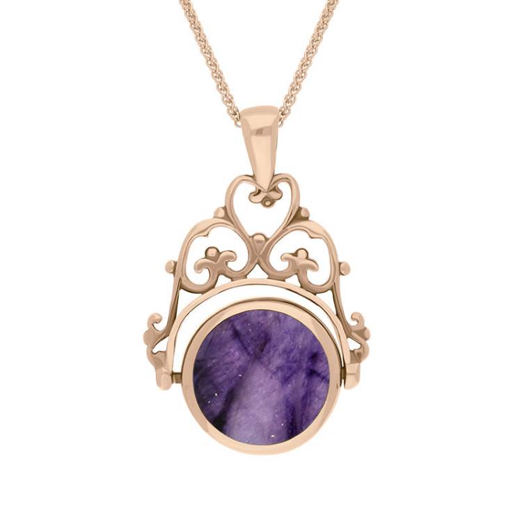 9ct Rose Gold Blue John Whitby Jet Double Sided Round Swivel Fob Necklace - Rose Gold