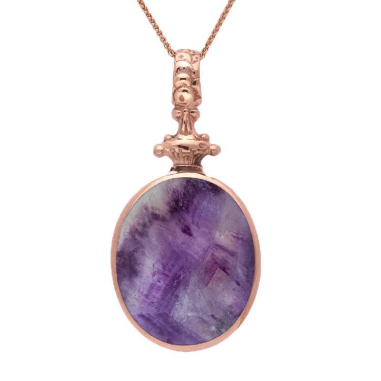 9ct Rose Gold Blue John White Mother Of Pearl Double Sided Oval Fob Necklace - Rose Gold