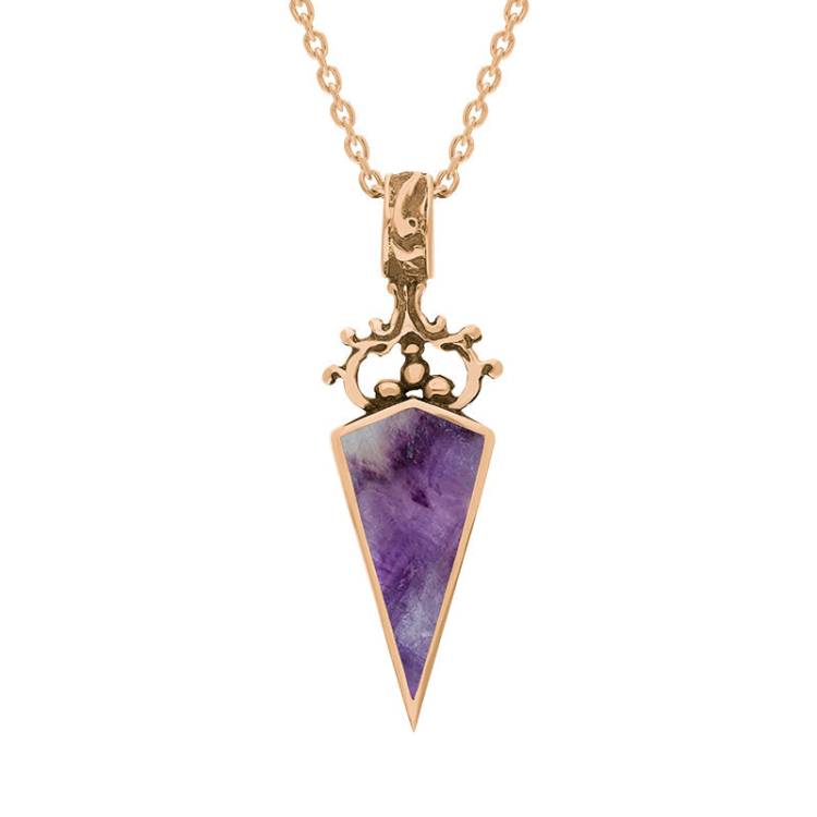9ct Rose Gold Blue John Mother Of Pearl Double Sided Scroll Dagger Fob Necklace - Rose Gold