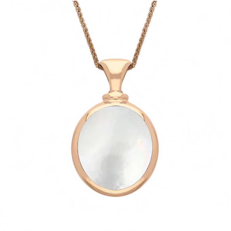 9ct Rose Gold Blue John White Mother Of Pearl Small Double Sided Oval Fob Necklace - Rose Gold