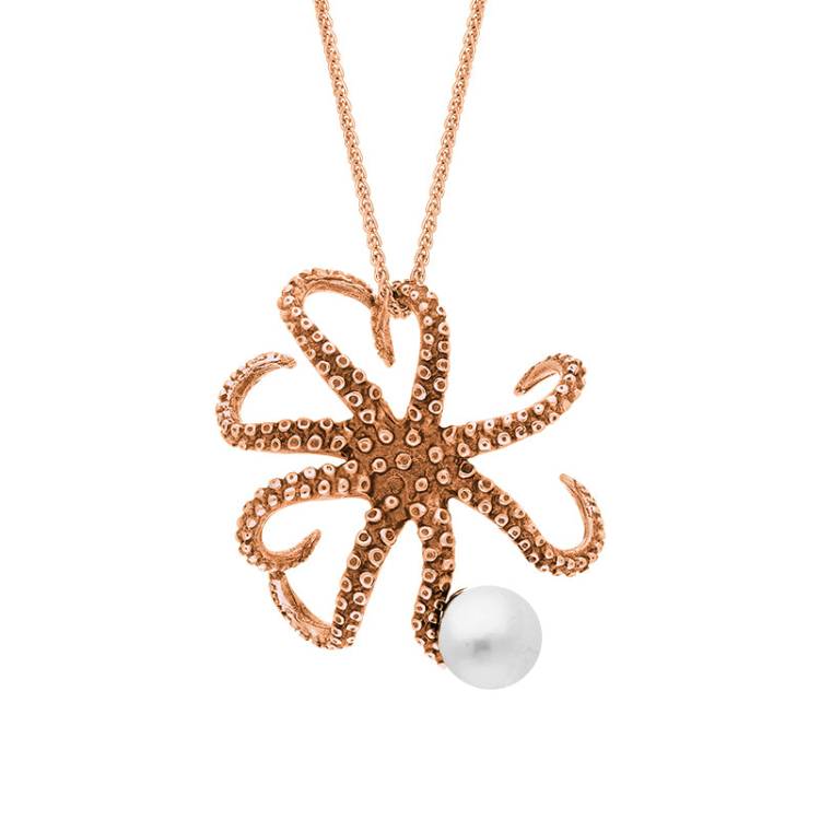 9ct Rose Gold Freshwater Pearl Bead Octopus Necklace - Gold