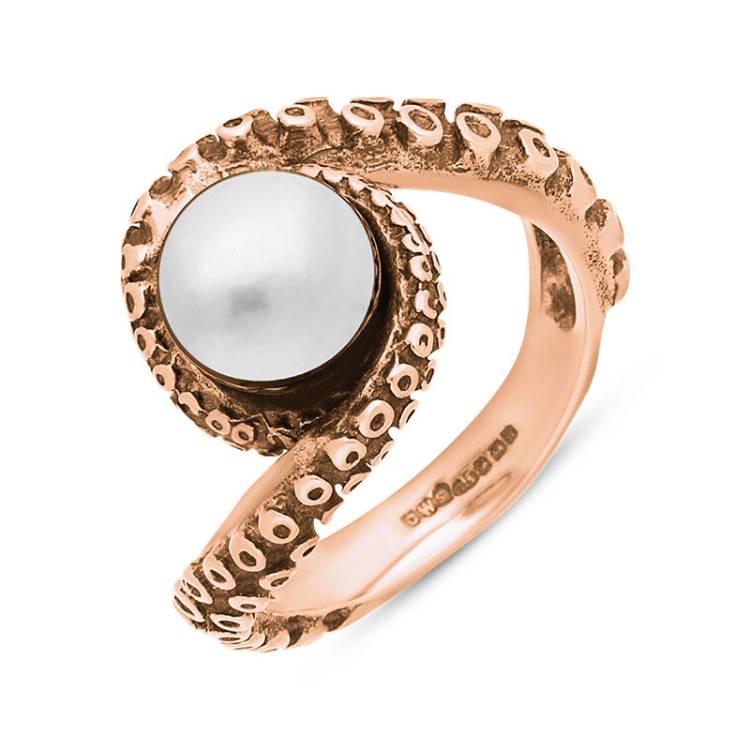 9ct Rose Gold Freshwater Pearl Bead Twist Tentacle Ring - Gold