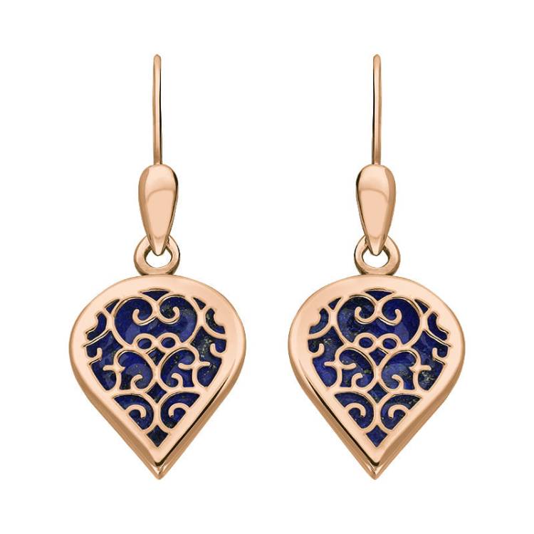 9ct Rose Gold Lapis Lazuli Flore Filigree Heart Drop Earrings