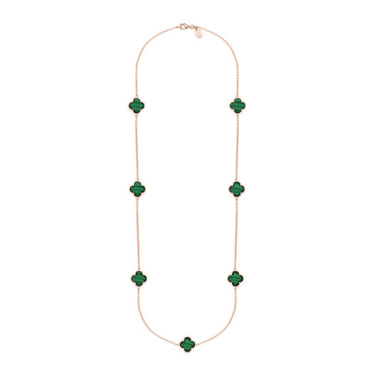 9ct Rose Gold Malachite Bloom Four Leaf Clover Ball Edge Long Necklace