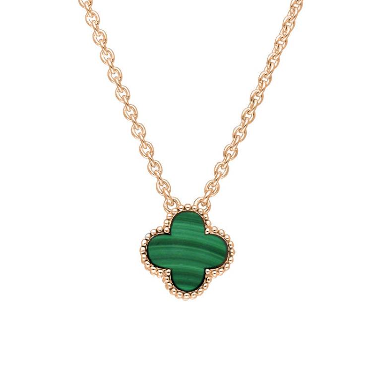 9ct Rose Gold Malachite Bloom Small Four Leaf Clover Ball Edge Chain Necklace