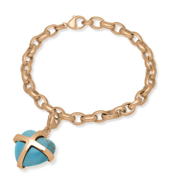 9ct Rose Gold Turquoise Large Cross Heart Charm Bracelet - Option1 Value Gold