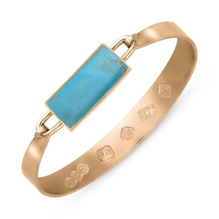 9ct Rose Gold Turquoise Hallmark Wide Oblong Bangle - Gold