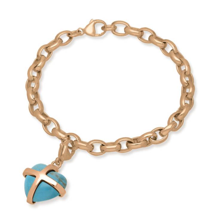 9ct Rose Gold Turquoise Medium Cross Heart Charm Bracelet - Option1 Value Gold