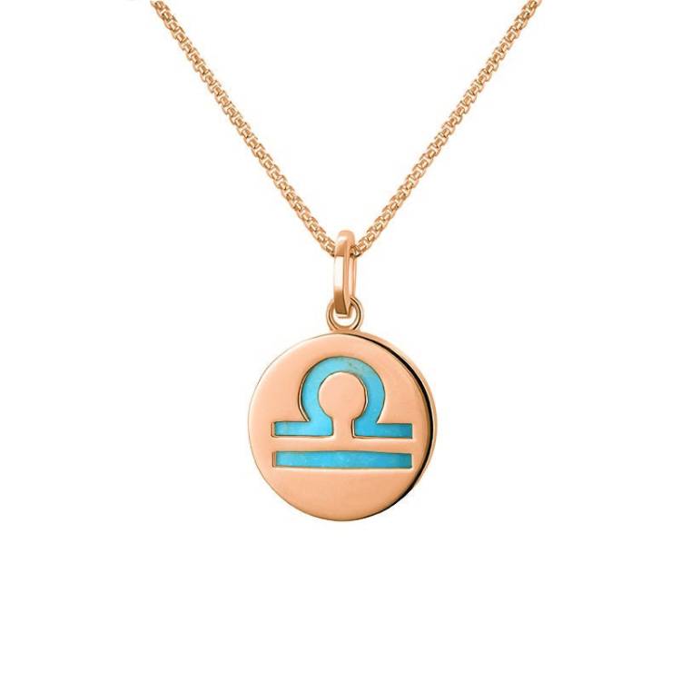 9ct Rose Gold Turquoise Zodiac Libra Round Necklace - Gold