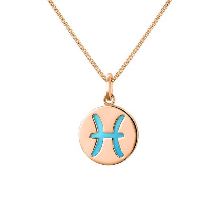 9ct Rose Gold Turquoise Zodiac Pisces Round Necklace - Gold