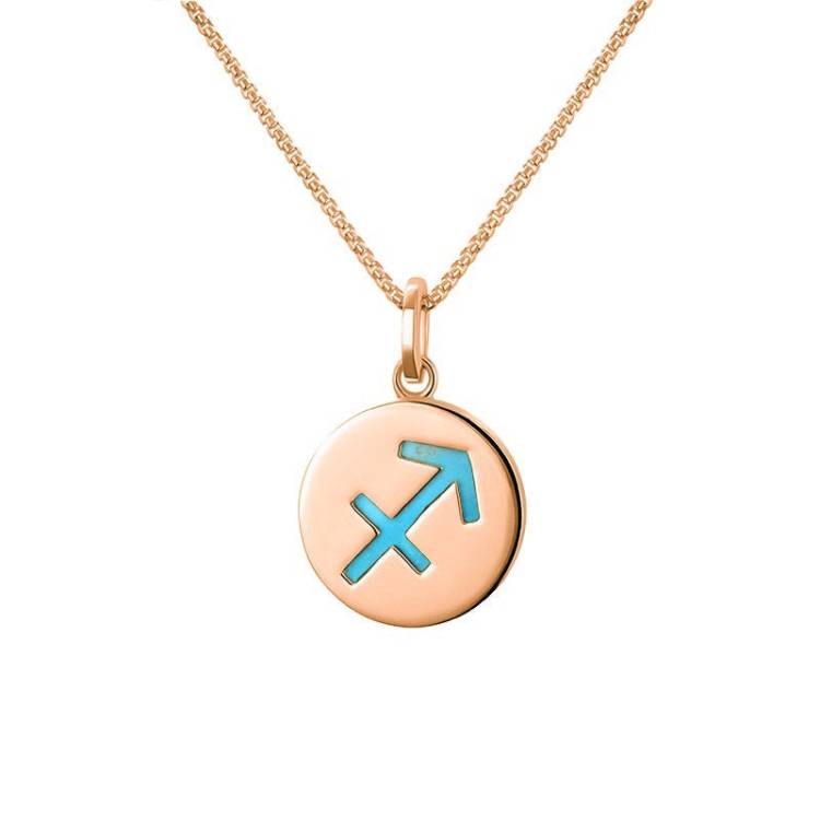 9ct Rose Gold Turquoise Zodiac Sagittarius Round Necklace - Gold