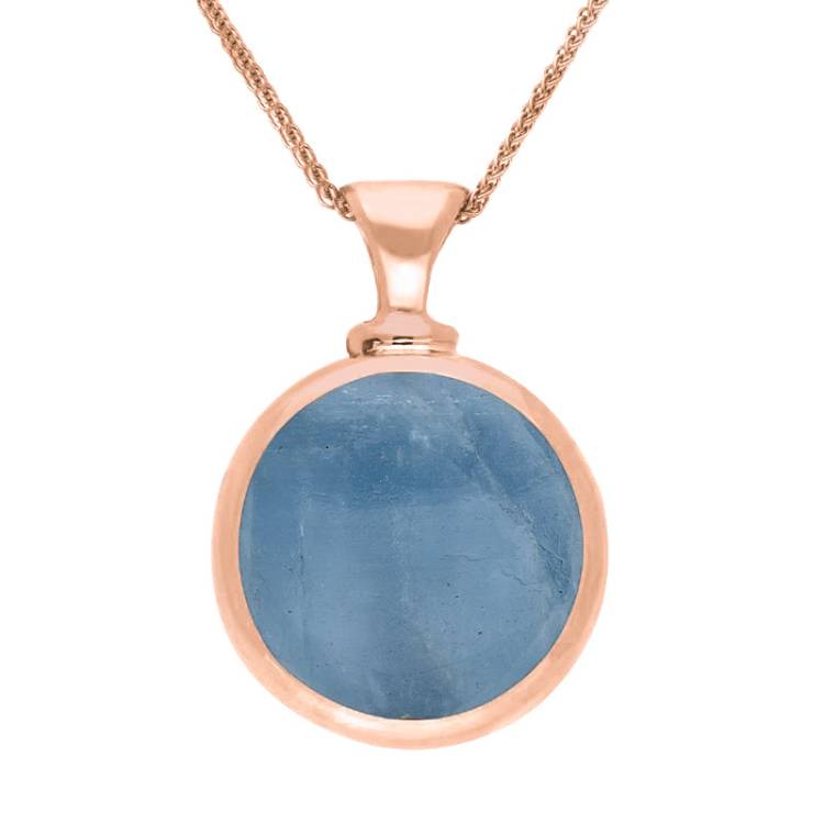 9ct Rose Gold Whitby Jet Aquamarine Double Sided Round Dinky Fob Necklace - Rose Gold