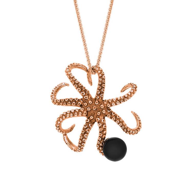 9ct Rose Gold Whitby Jet Bead Octopus Necklace - Gold