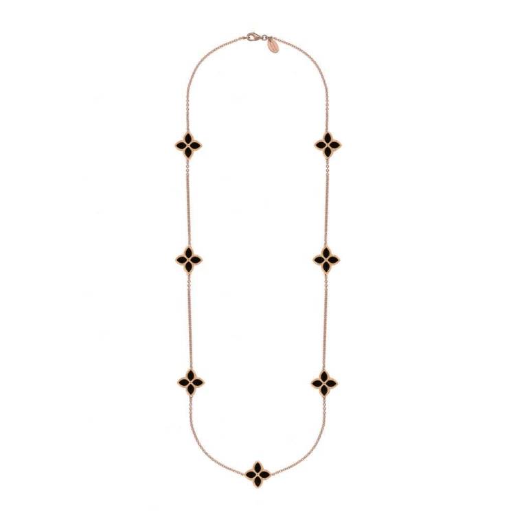 9ct Rose Gold Whitby Jet Bloom Long Marquise Flower Necklace - Gold