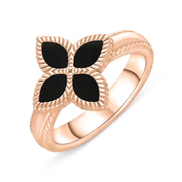 9ct Rose Gold Whitby Jet Bloom Marquise Flower Ring - X