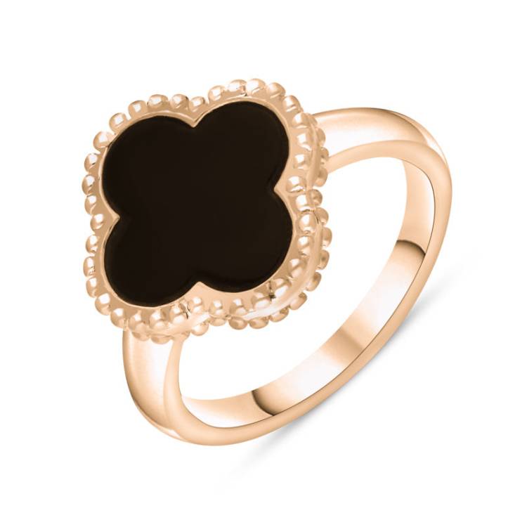 9ct Rose Gold Whitby Jet Bloom Four Leaf Clover Ball Edge Ring - Gold