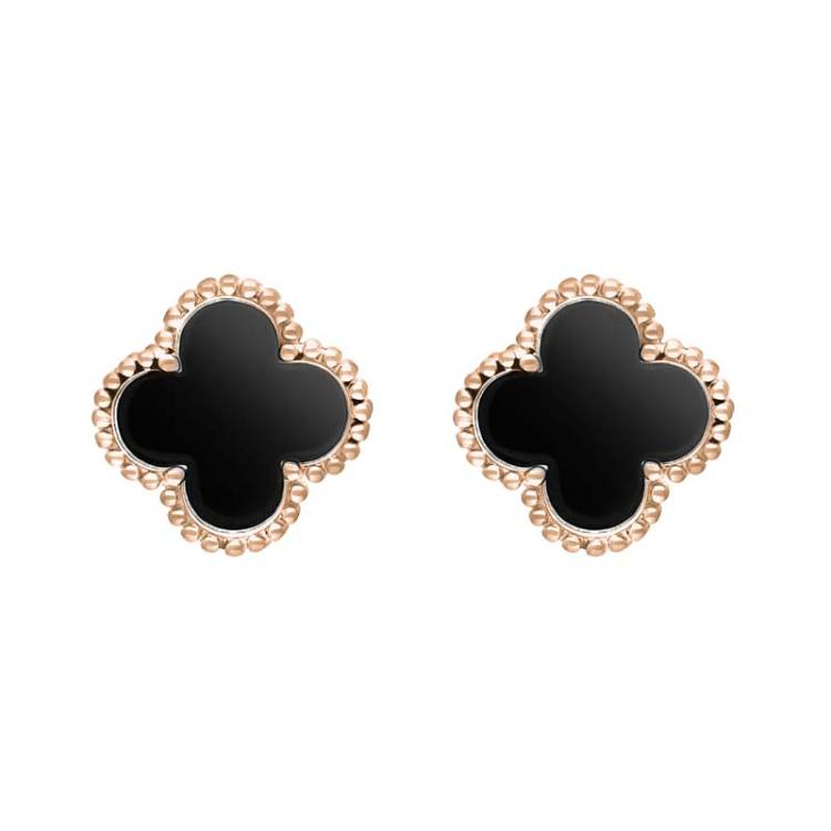 9ct Rose Gold Whitby Jet Bloom Four Leaf Clover Ball Edge Stud Earrings - Gold