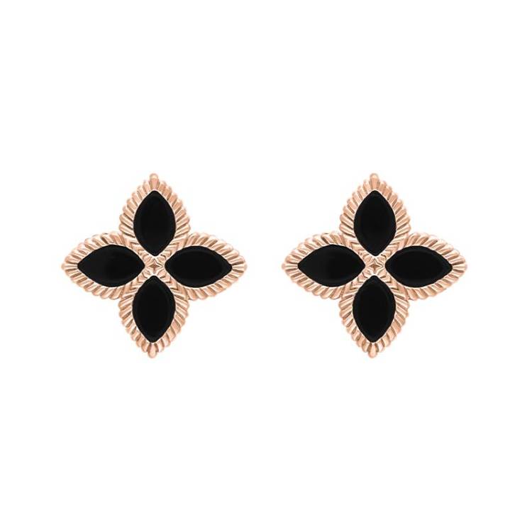 9ct Rose Gold Whitby Jet Bloom Marquise Flower Stud Earrings - Gold