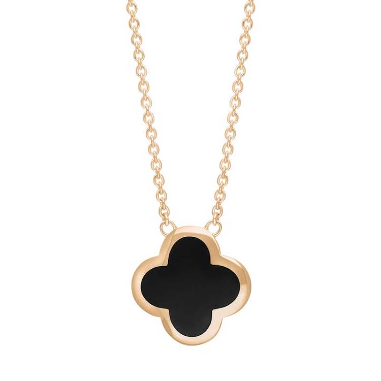 9ct Rose Gold Whitby Jet Bloom Large Four Leaf Clover Polished Edge Pendant - Gold