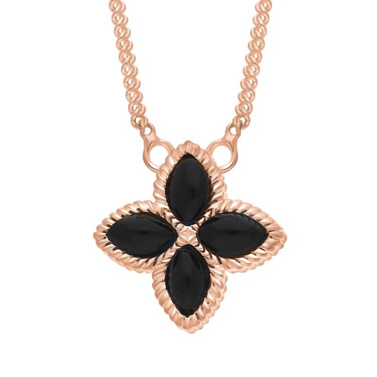 9ct Rose Gold Whitby Jet Bloom Small Marquise Flower Necklace - Gold