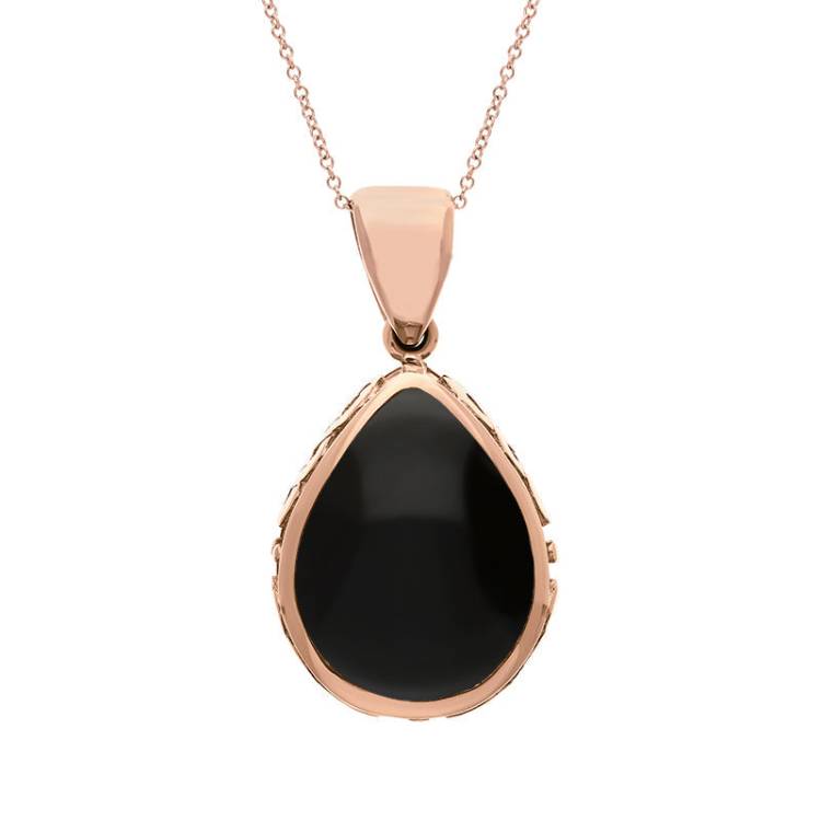 9ct Rose Gold Whitby Jet Blue John Double Sided Celtic Edge Pear Cut Fob Necklace - Rose Gold