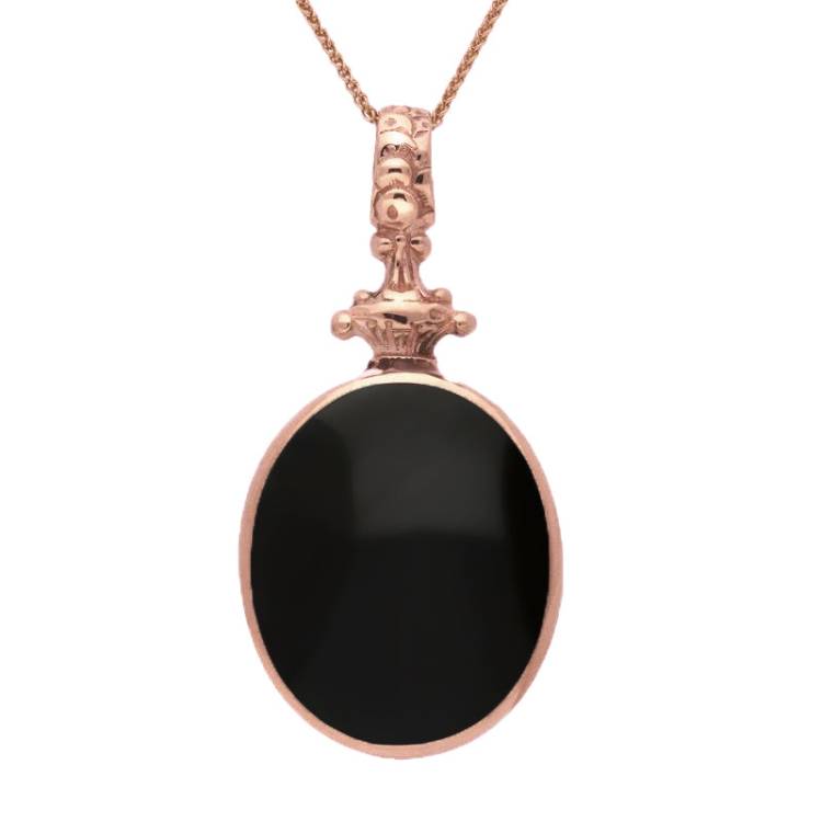 9ct Rose Gold Whitby Jet Blue John Double Sided Oval Fob Necklace - Rose Gold