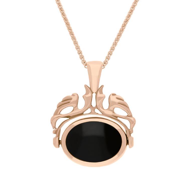 9ct Rose Gold Whitby Jet Blue John Double Sided Oval Swivel Fob Necklace - Rose Gold