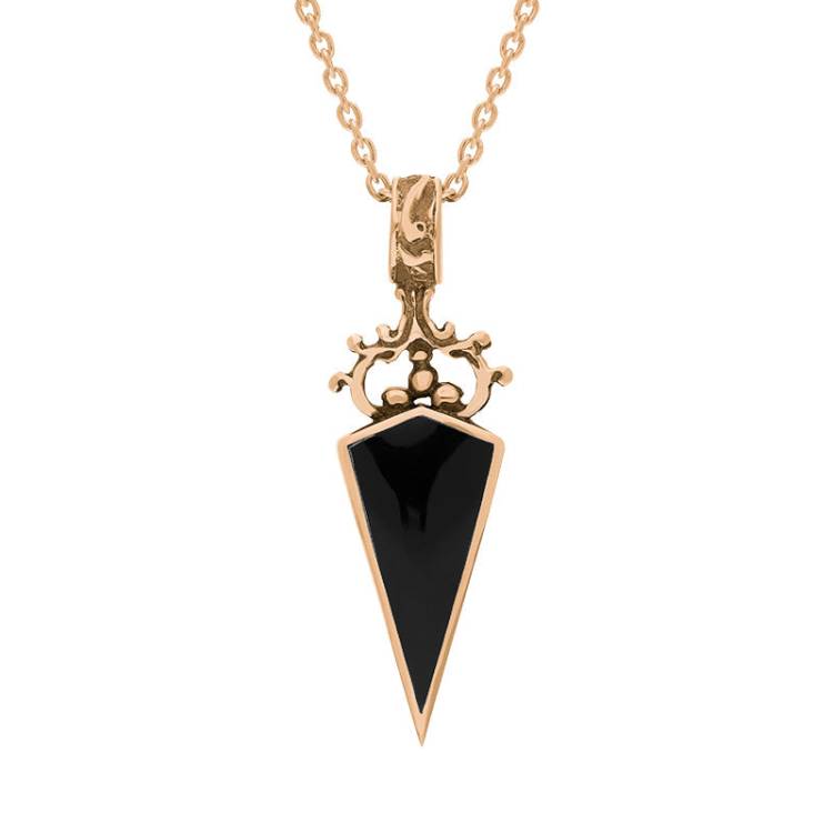 9ct Rose Gold Whitby Jet Blue John Double Sided Scroll Dagger Fob Necklace - Rose Gold