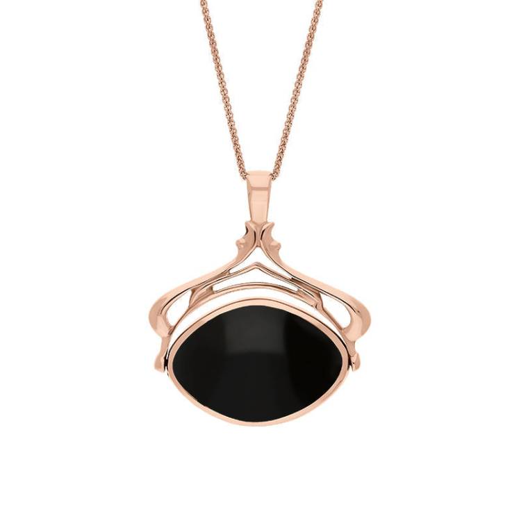 9ct Rose Gold Whitby Jet Blue John Marquise Swivel Fob Necklace - Gold