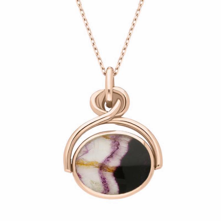 9ct Rose Gold Whitby Jet Blue John Oval Swivel Fob Necklace - Rose Gold